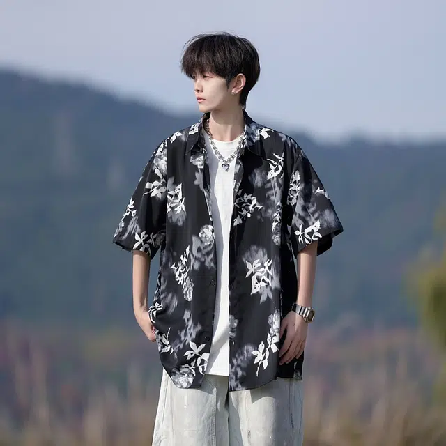 【dme】 港风复古薄款夏威夷沙滩碎花短袖衬衫 男女同款