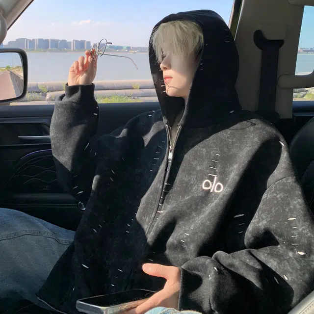 【dme】 潮牌复古美式重磅宽松设计刺绣磨破连帽外套男秋款时尚情侣百搭中性休闲卫衣帽衫 男女同款