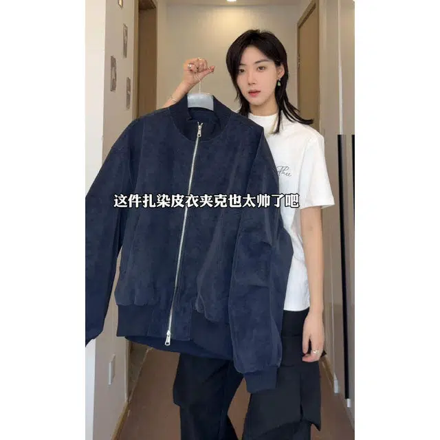 【dme】 潮牌复古美式立领飞行员长袖时尚做旧皮衣宽松休闲中性风痞帅扎染上衣百搭夹克外套 男女同款