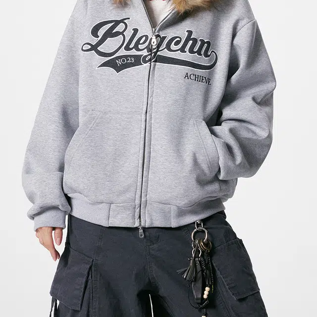 【dme】 美式复古字母刺绣印花毛领连帽开衫潮流宽松休闲百搭上衣卫衣 男女同款