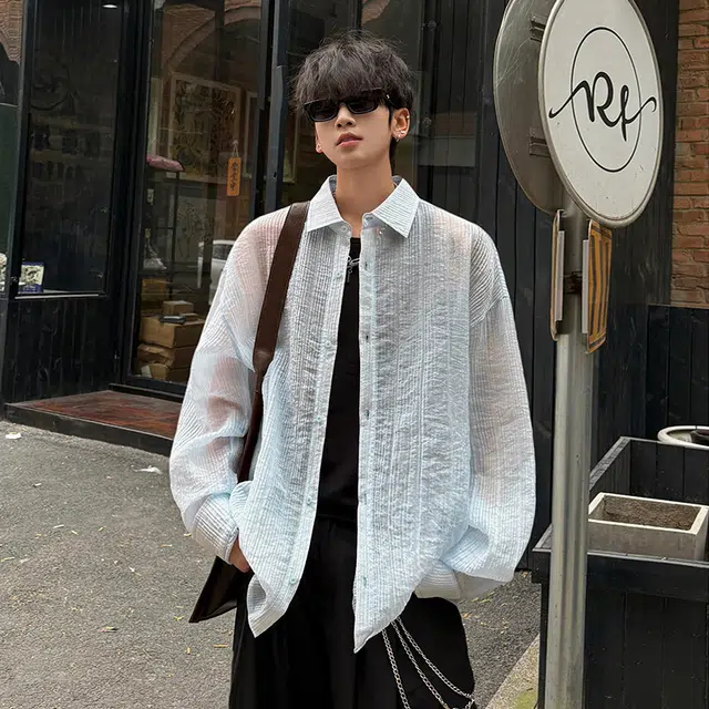 【dme】 简约韩系情侣款轻薄透气冰丝速干防晒夏季宽松百搭舒适上衣纯色竖纹长袖衬衫 男女同款