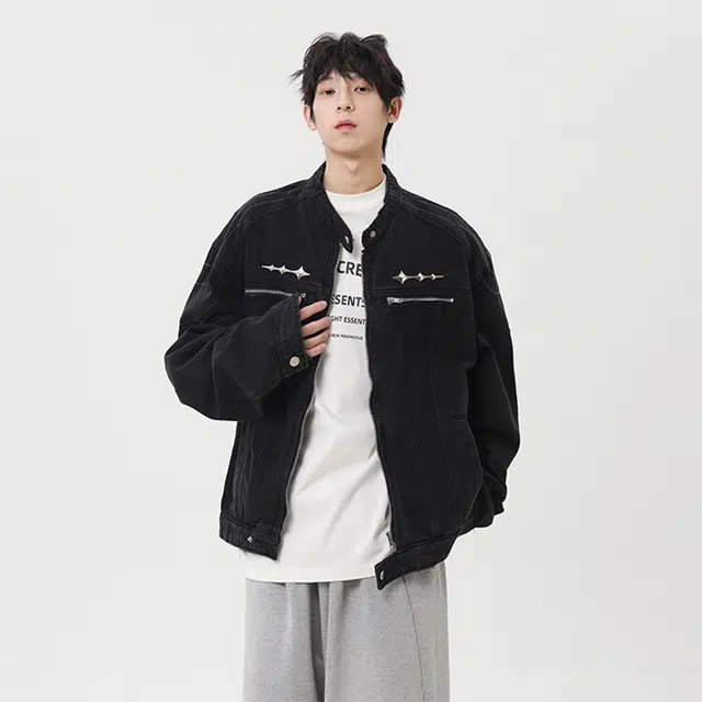 【dme】 复古美式高级感潮流时尚金属装饰百搭宽松短款中性风休闲牛仔外套 男女同款