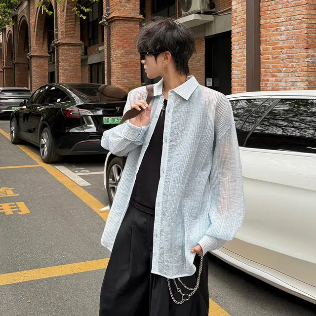 【dme】 简约韩系情侣款轻薄透气冰丝速干防晒夏季宽松百搭舒适上衣纯色竖纹长袖衬衫 男女同款