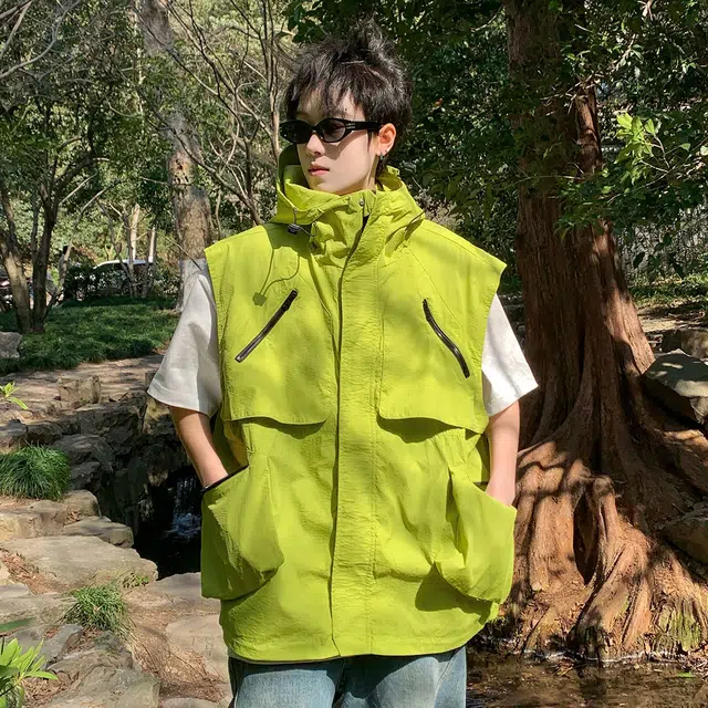 【dme】 日系机能多口袋连帽户外工装透气宽松百搭外套背心 男女同款