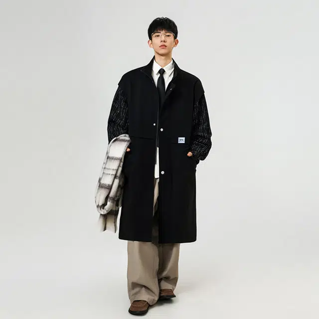 【dme】 时尚设计小香风假两件拼接毛呢大衣男款春秋潮流气质宽松立领风衣外套 男女同款