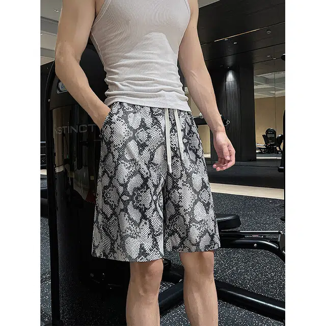 【dme】 美式复古蛇纹印花蓝球裤健身扎染宽松运动裤时尚百搭舒适透气薄款速干五分休闲短裤 男女同款