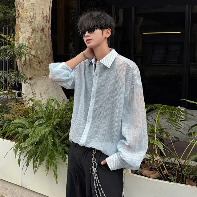 【dme】 简约韩系情侣款轻薄透气冰丝速干防晒夏季宽松百搭舒适上衣纯色竖纹长袖衬衫 男女同款