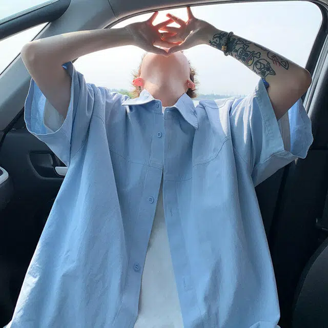 【dme】 百搭简约韩系宽松休闲防晒纯棉短袖衬衫 男女同款