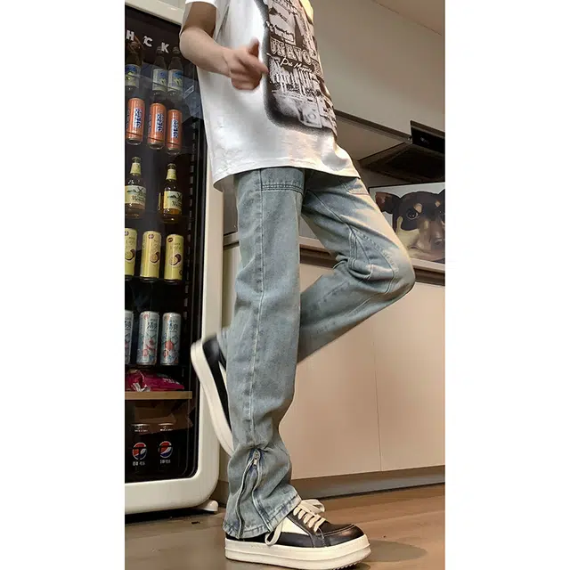 快鱼 美式复古高街水洗做旧宽松潮流无性别主义休闲百搭慵懒拖地显瘦直筒中腰长裤牛仔裤 男女同款