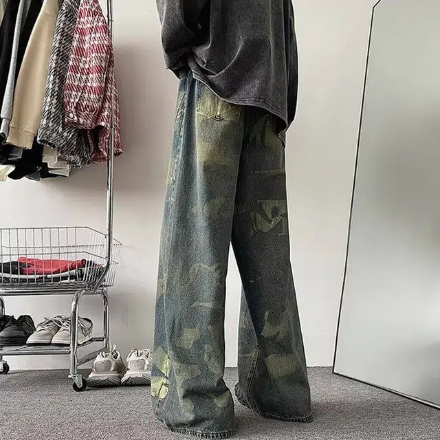 快鱼 美式复古高街潮流高级工装阔腿直筒垂感显高显瘦多功能户外出行牛仔裤 男女同款 迷彩