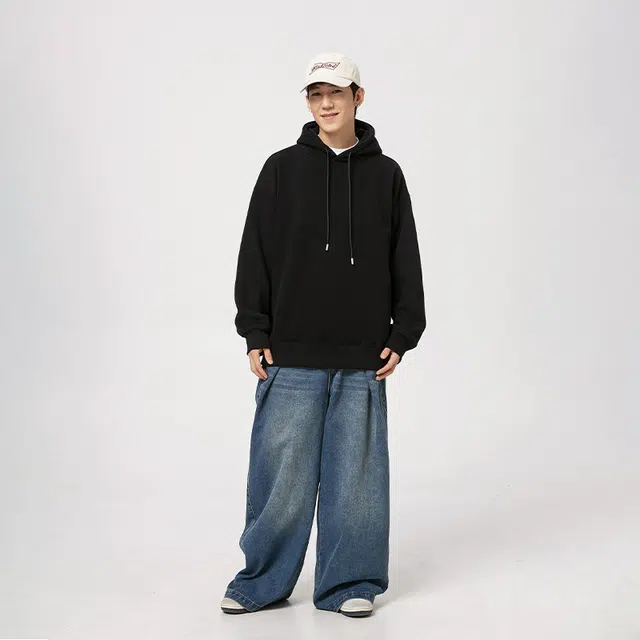 快鱼 美式复古基础款简约纯色学院风潮流宽松休闲百搭舒适运动上衣套头连帽落肩重磅长袖卫衣 男女同款