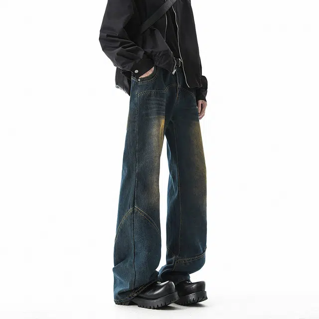 快鱼 美式高街复古水洗解构拼接拖地长裤简约潮牌日常基础款休闲百搭垂感直筒宽松阔腿弯刀牛仔裤 男女同款 蓝色