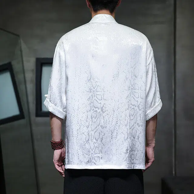 快鱼 中国风唐装缎面蟒纹提花高品质盘扣立领设计高质感短袖衬衫 男女同款
