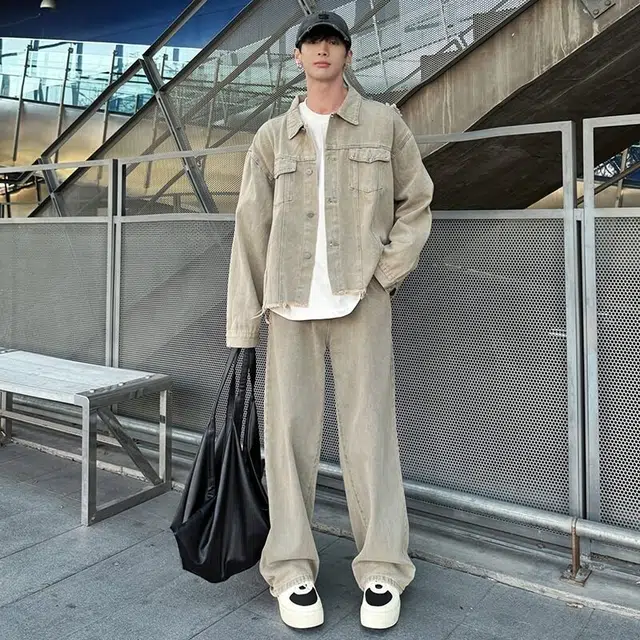 快鱼 美式水洗做旧复古翻领纯色高街破旧解构小众设计通勤休闲舒适百搭长袖牛仔外套 男女同款