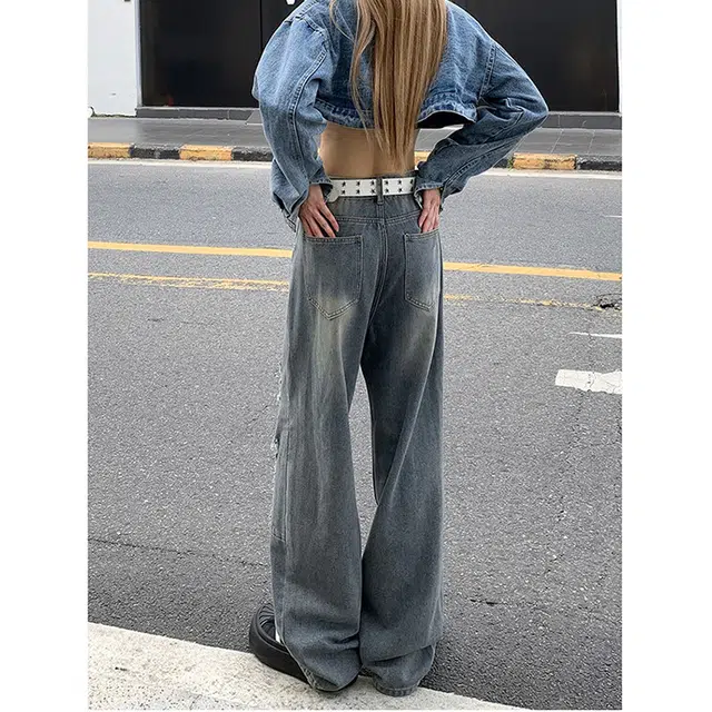 快鱼 美式高街复古破洞乞丐设计感嘻哈痞帅街头时尚日常基础款宽松百搭水洗直筒阔腿垂感牛仔裤 男女同款