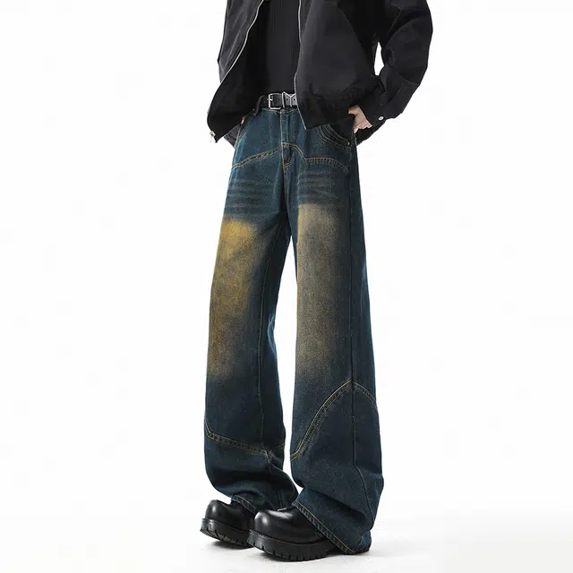 快鱼 美式高街复古水洗解构拼接拖地长裤简约潮牌日常基础款休闲百搭垂感直筒宽松阔腿弯刀牛仔裤 男女同款 蓝色