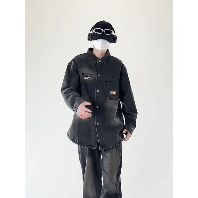 快鱼 美式复古磨白水洗做旧字母印花翻领开衫夹克上衣学院风户外通勤休闲百搭宽松大码潮牌痞帅牛仔外套 男女同款