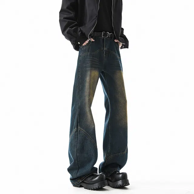 快鱼 美式高街复古水洗解构拼接拖地长裤简约潮牌日常基础款休闲百搭垂感直筒宽松阔腿弯刀牛仔裤 男女同款 蓝色
