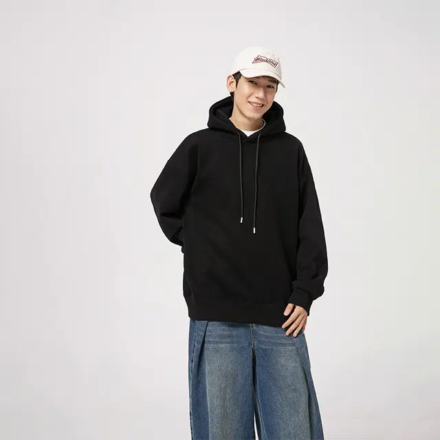 快鱼 美式复古基础款简约纯色学院风潮流宽松休闲百搭舒适运动上衣套头连帽落肩重磅长袖卫衣 男女同款