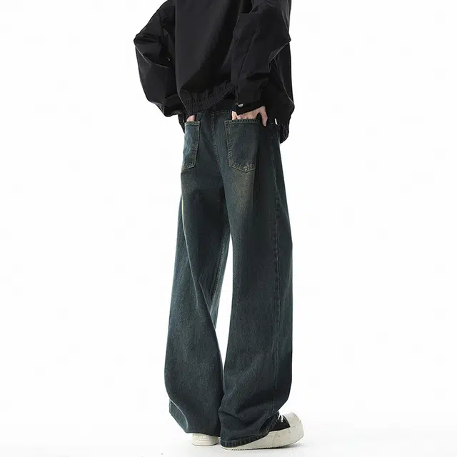快鱼 美式高街复古水洗解构拼接拖地长裤简约潮牌日常基础款休闲百搭垂感直筒宽松阔腿弯刀牛仔裤 男女同款 蓝色