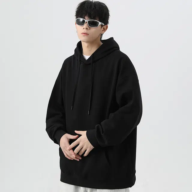 快鱼 美式复古基础款简约纯色学院风潮流宽松休闲百搭无性别主义套头连帽落肩重磅长袖卫衣 男女同款