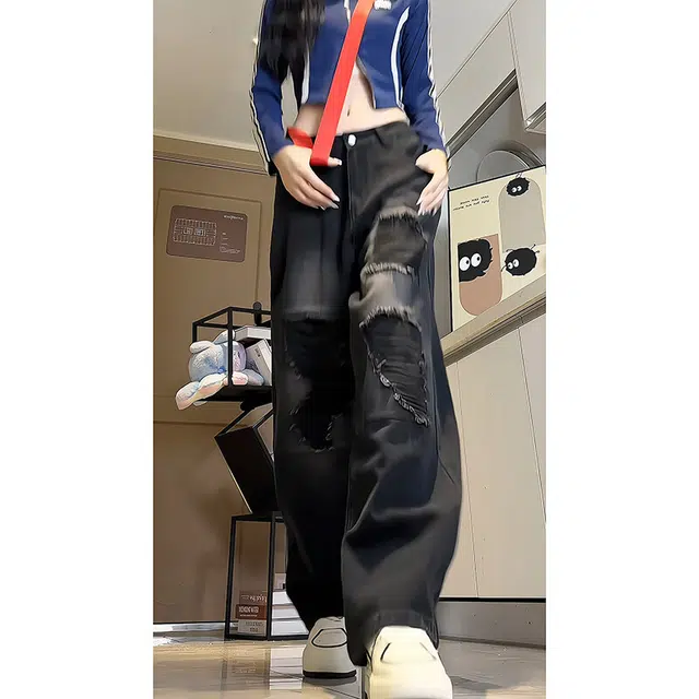 快鱼 美式高街复古破洞乞丐设计感嘻哈痞帅街头时尚日常基础款宽松百搭水洗直筒阔腿垂感牛仔裤 男女同款