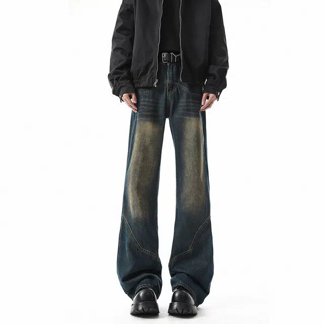 快鱼 美式高街复古水洗解构拼接拖地长裤简约潮牌日常基础款休闲百搭垂感直筒宽松阔腿弯刀牛仔裤 男女同款 蓝色