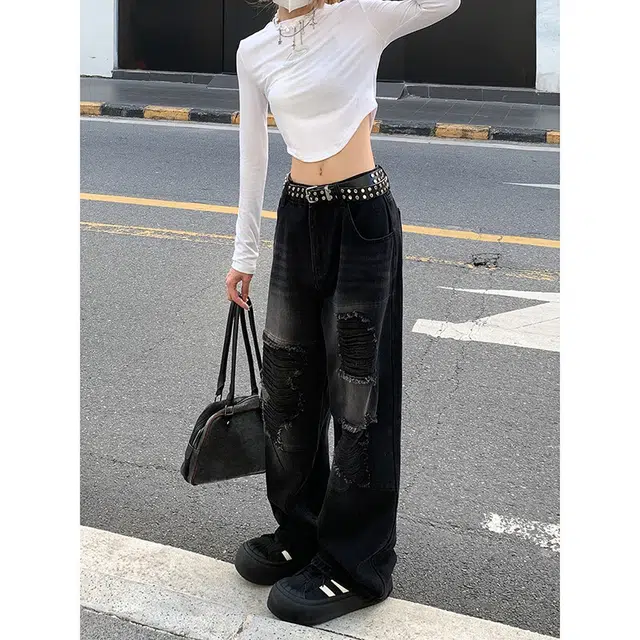 快鱼 美式高街复古破洞乞丐设计感嘻哈痞帅街头时尚日常基础款宽松百搭水洗直筒阔腿垂感牛仔裤 男女同款