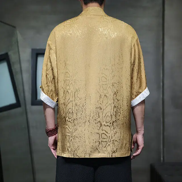 快鱼 中国风唐装缎面蟒纹提花高品质盘扣立领设计高质感短袖衬衫 男女同款