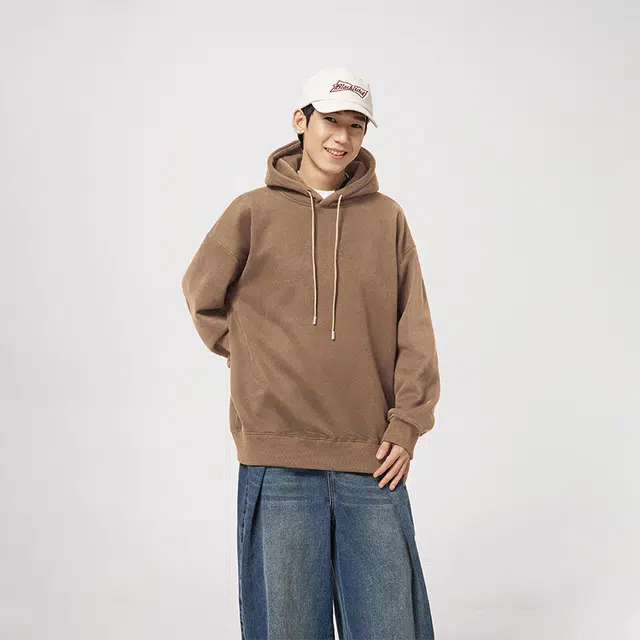 快鱼 美式复古基础款简约纯色学院风潮流宽松休闲百搭舒适运动上衣套头连帽落肩重磅长袖卫衣 男女同款