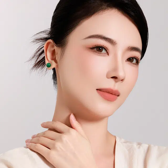 【百搭养耳洞】 梦金园 国潮新中式圆润玉珠#好运 非洲翠 耳钉 女款