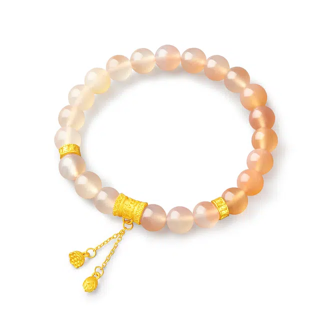 梦金园 新中式国风六字箴言两世欢莲蓬转运珠流苏串珠手饰#好运 玛瑙 玉石手串 女款