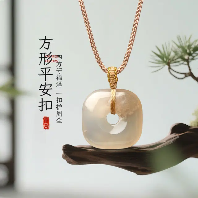 梦金园 方形平安扣 四方守福泽 国潮新中式民族风 小众设计简约高级感 温柔气质百搭 平安顺遂 玛瑙 项链 男女同款情侣款
