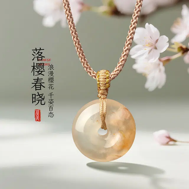 梦金园 渐变樱花平安 国潮新中式小众设计简约高级感 温柔甜美气质百搭 平安顺遂#好运 玛瑙 项链 男女同款情侣款
