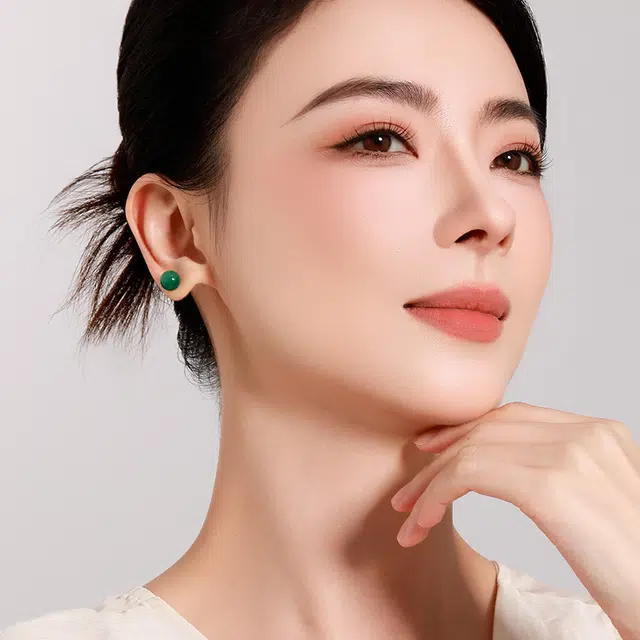 【百搭养耳洞】 梦金园 国潮新中式圆润玉珠#好运 非洲翠 耳钉 女款