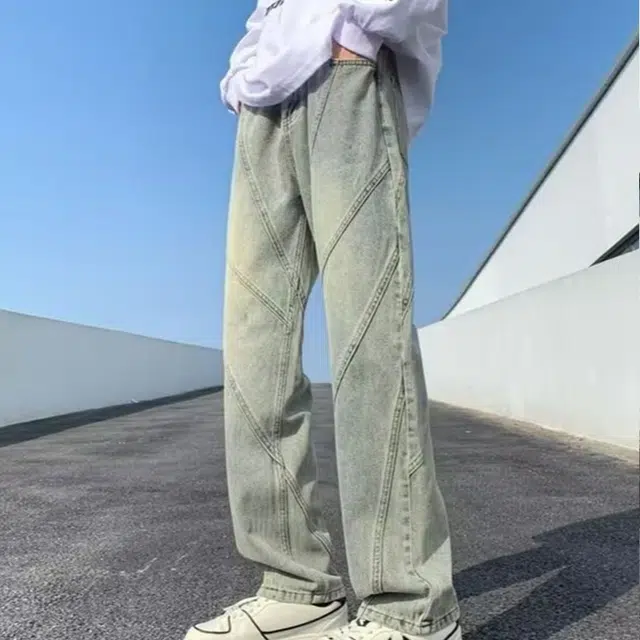 寻星记 美式高街复古潮流宽松水洗拼接设计感百搭裤子牛仔裤 男女同款