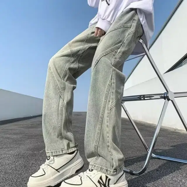 寻星记 美式高街复古潮流宽松水洗拼接设计感百搭裤子牛仔裤 男女同款