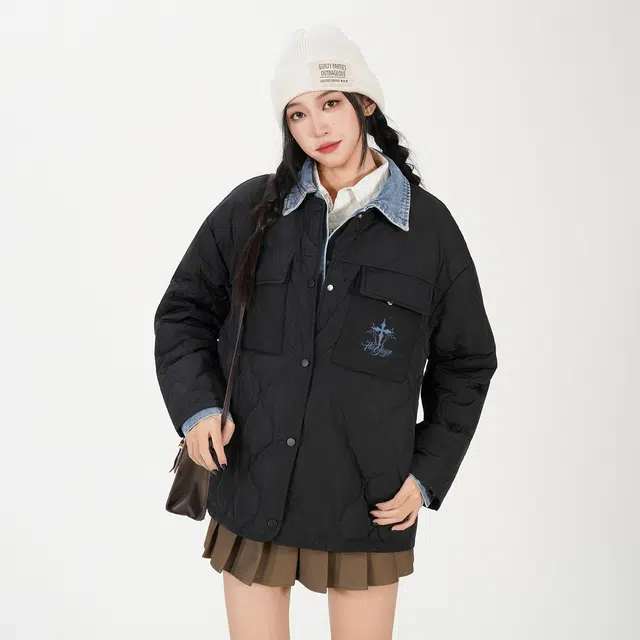鸭鸭 字母宽松翻领长袖羽绒服 女款