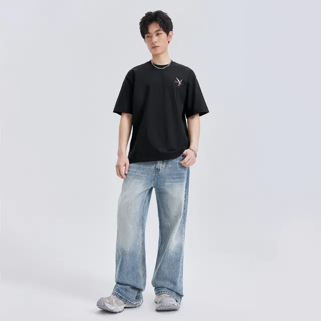 梦特娇 美式复古舒适百搭个性牛仔裤 男女同款 浅蓝色
