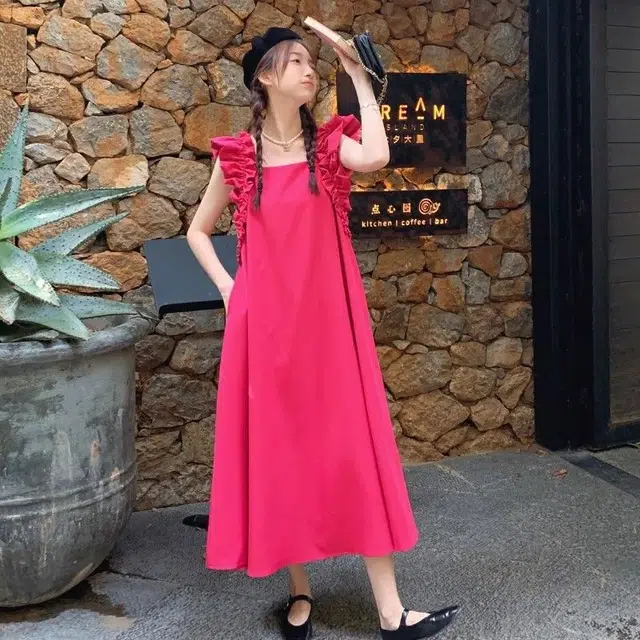 花蔓色 纯色方领甜美木耳边褶皱宽松飞飞袖无袖连衣裙 女款 红色