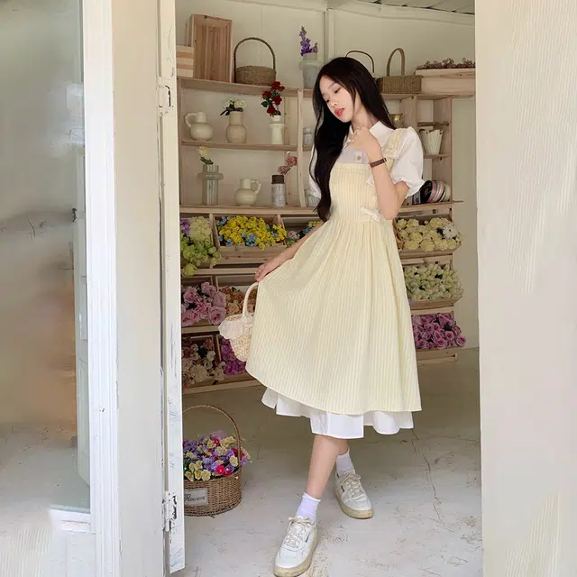珠蒂美 日系甜美假两件收腰显瘦文艺风长款服饰短袖连衣裙 女款