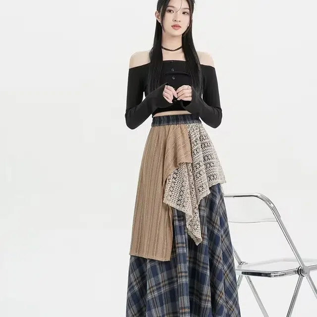 花蔓色 设计感不规则重工格子拼接高腰款式休闲长裙 女款