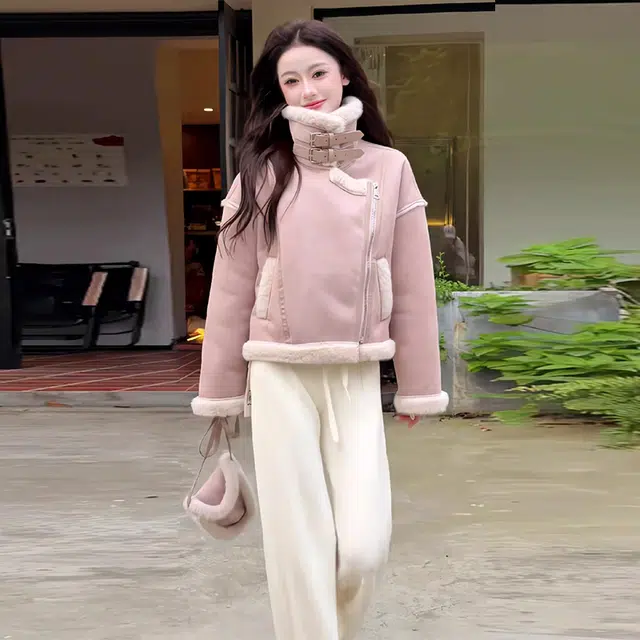 哒头下雨不愁 韩版秋冬麂皮绒皮毛一体短款保暖机车服夹克 女款