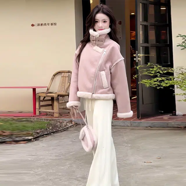 哒头下雨不愁 韩版秋冬麂皮绒皮毛一体短款保暖机车服夹克 女款