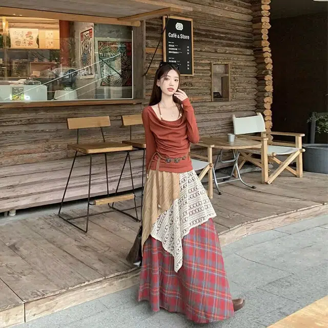 花蔓色 设计感不规则重工格子拼接高腰款式休闲长裙 女款
