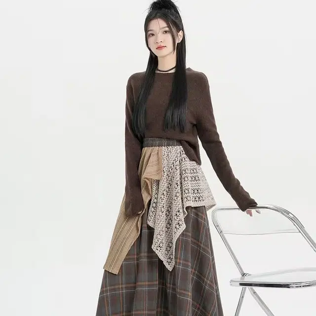 花蔓色 设计感不规则重工格子拼接高腰款式休闲长裙 女款