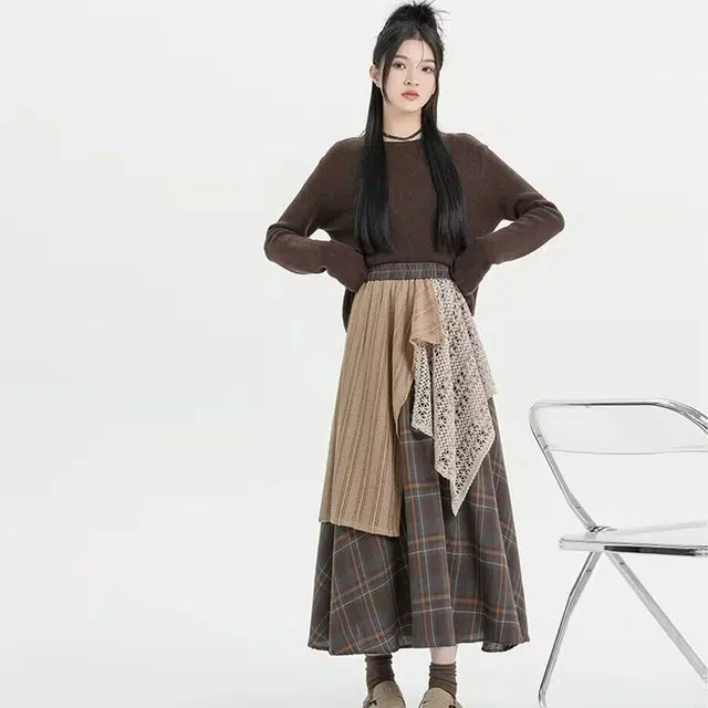 花蔓色 设计感不规则重工格子拼接高腰款式休闲长裙 女款