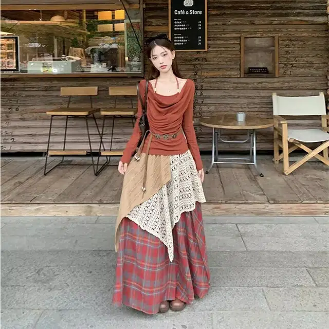 花蔓色 设计感不规则重工格子拼接高腰款式休闲长裙 女款