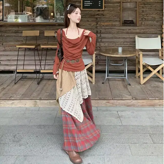 花蔓色 设计感不规则重工格子拼接高腰款式休闲长裙 女款