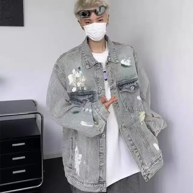 花蔓色 美式户外扎染涂鸦风单排扣破洞重磅落肩直筒水洗做旧复古无性别宽松高街学院风时尚简约百搭舒适长袖牛仔外套 女款 蓝色
